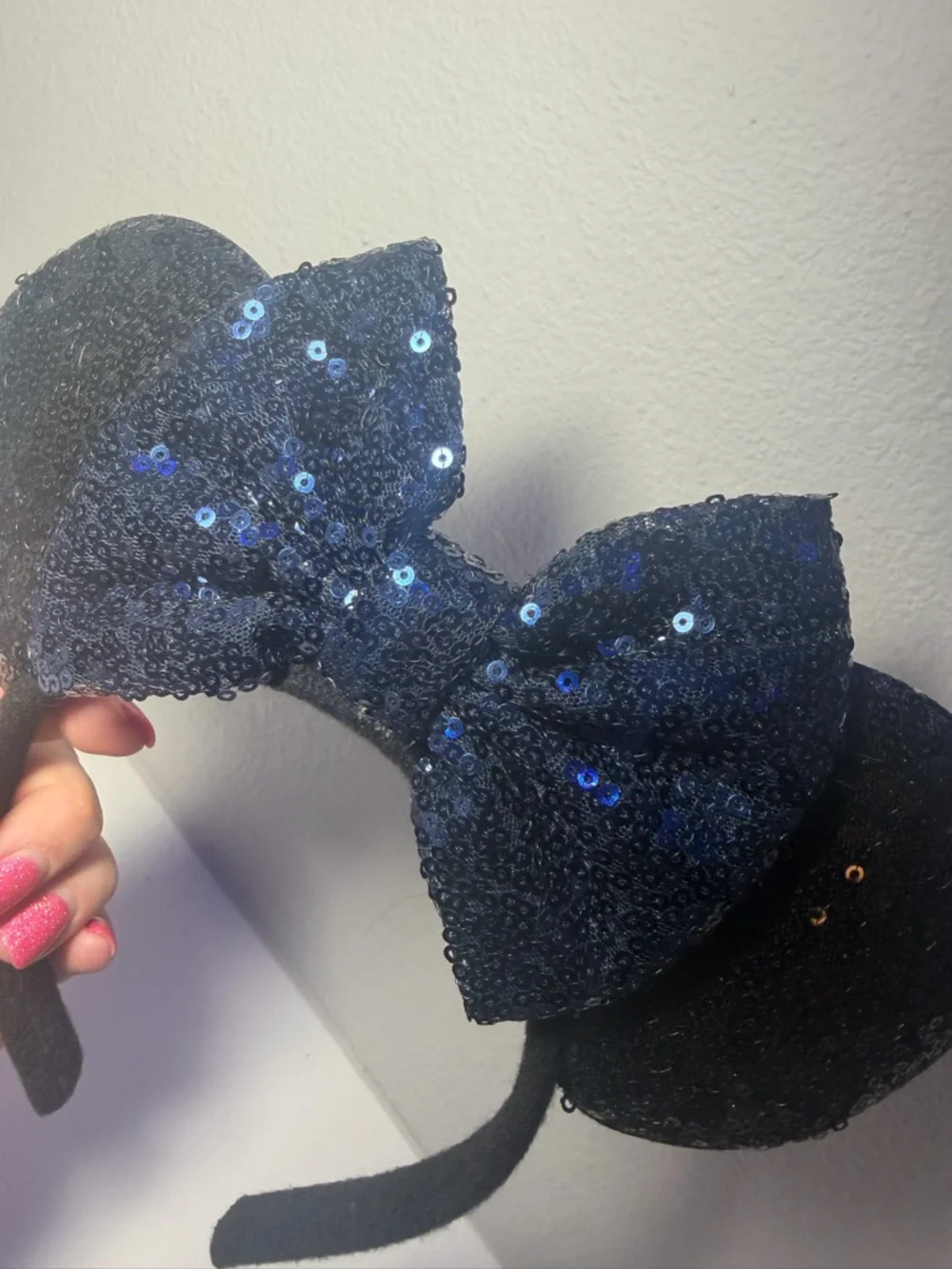 Set of 3 Sequined Black Minnie Ears Headband 1 with Navy Bow & Gold '16' Accent - Picture 10 of 10